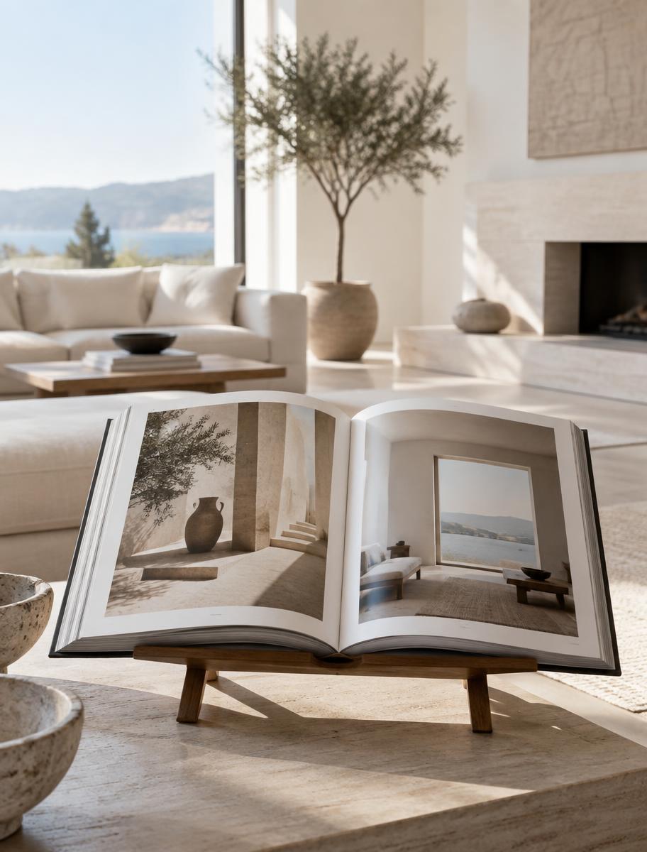 An open photo book displayed on a stand in a bright modern living room